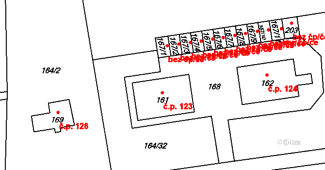 Tuřany 123 na parcele st. 161 v KÚ Byseň, Katastrální mapa