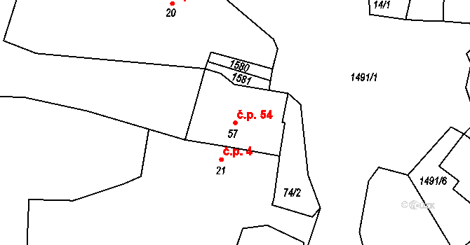 Mrtník 54 na parcele st. 57 v KÚ Mrtník, Katastrální mapa
