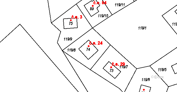 Míčov 24, Míčov-Sušice na parcele st. 74 v KÚ Míčov, Katastrální mapa