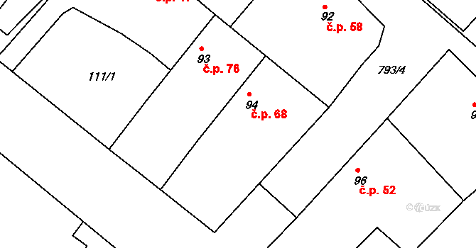 Hlavečník 68 na parcele st. 94 v KÚ Hlavečník, Katastrální mapa