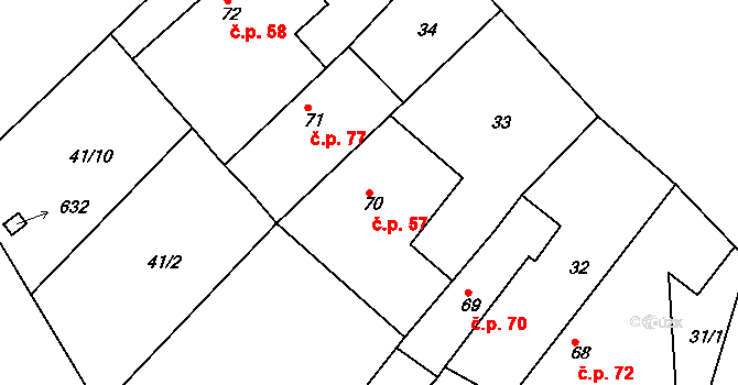 Zdechovice 57 na parcele st. 70 v KÚ Zdechovice, Katastrální mapa