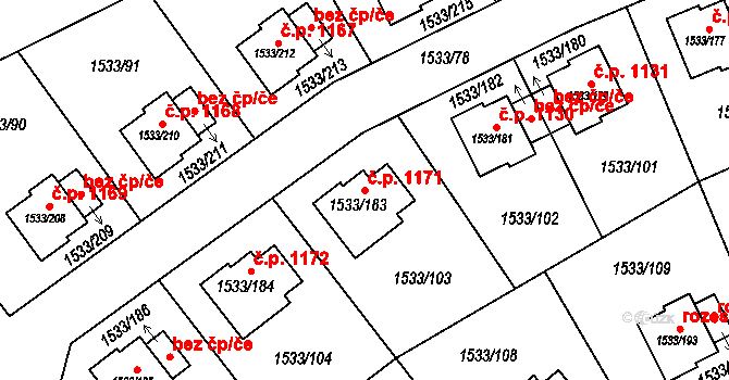 Řeporyje 1171, Praha na parcele st. 1533/183 v KÚ Řeporyje, Katastrální mapa