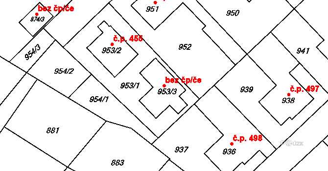 Měřín 88244351 na parcele st. 953/3 v KÚ Měřín, Katastrální mapa