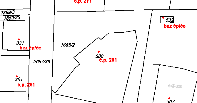 Merklín 201 na parcele st. 300 v KÚ Merklín u Přeštic, Katastrální mapa