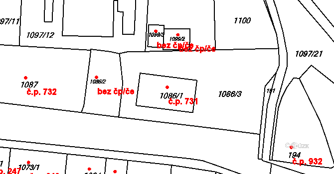 Podbořany 731 na parcele st. 1086/1 v KÚ Podbořany, Katastrální mapa