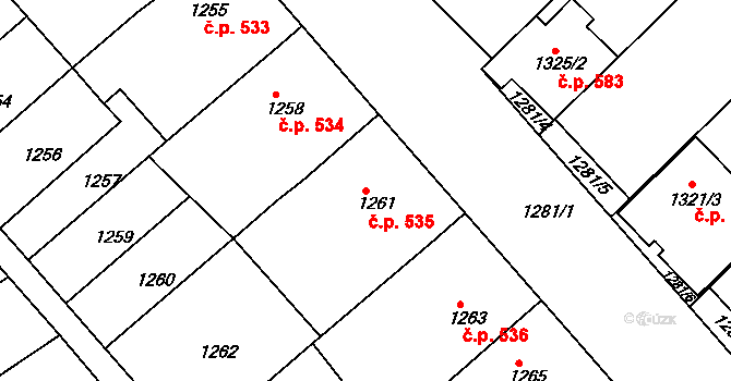 Hrušky 535 na parcele st. 1261 v KÚ Hrušky, Katastrální mapa