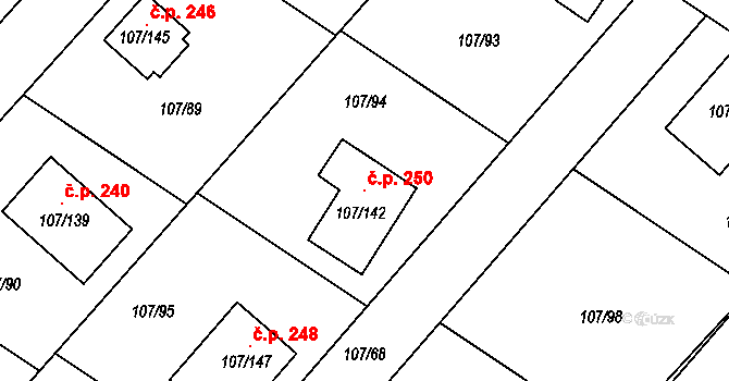 Velké Chvalovice 250, Pečky na parcele st. 107/142 v KÚ Velké Chvalovice, Katastrální mapa