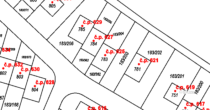 Postřižín 625 na parcele st. 783 v KÚ Postřižín, Katastrální mapa