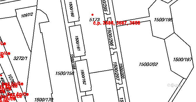 Kroměříž 3686,3687,3688 na parcele st. 5173 v KÚ Kroměříž, Katastrální mapa