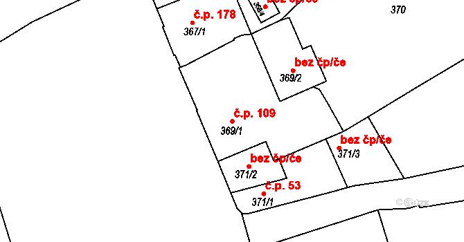 Zruč nad Sázavou 109 na parcele st. 369/1 v KÚ Zruč nad Sázavou, Katastrální mapa