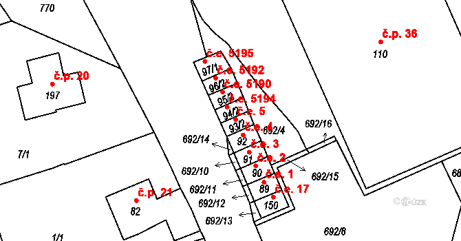 Hosov 5, Jihlava na parcele st. 93/2 v KÚ Hosov, Katastrální mapa