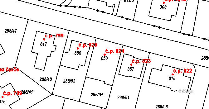 Kyjov 824 na parcele st. 858 v KÚ Kyjov, Katastrální mapa