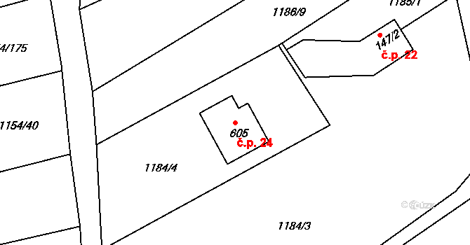 Hrčava 24 na parcele st. 605 v KÚ Hrčava, Katastrální mapa