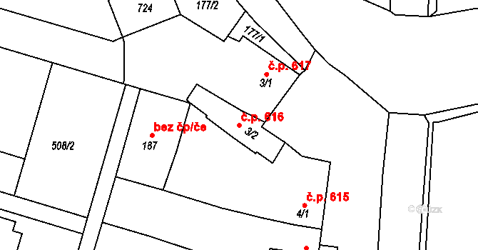 Loučany 616 na parcele st. 3/2 v KÚ Loučany na Hané, Katastrální mapa