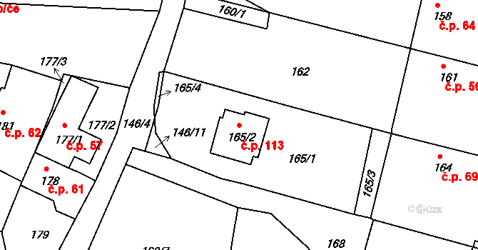 Hůry 113 na parcele st. 165/2 v KÚ Hůry, Katastrální mapa