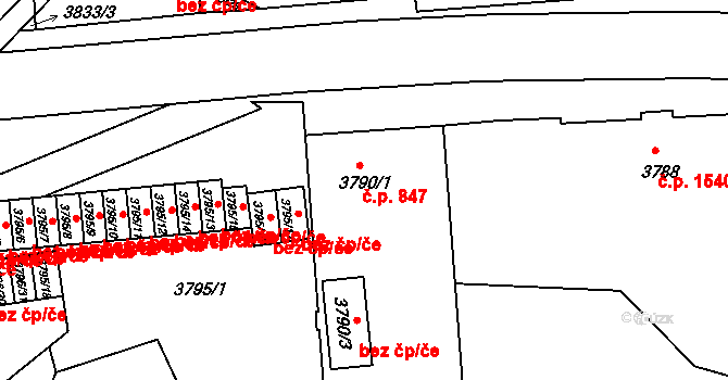 Teplice 847 na parcele st. 3790/1 v KÚ Teplice, Katastrální mapa