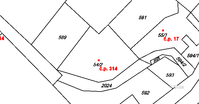 Milíkov 314 na parcele st. 54/2 v KÚ Milíkov u Jablunkova, Katastrální mapa