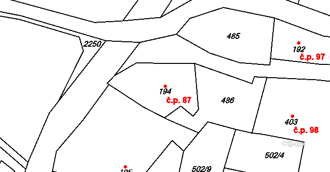 Olešnice v Orlických horách 87 na parcele st. 194 v KÚ Olešnice v Orlických horách, Katastrální mapa