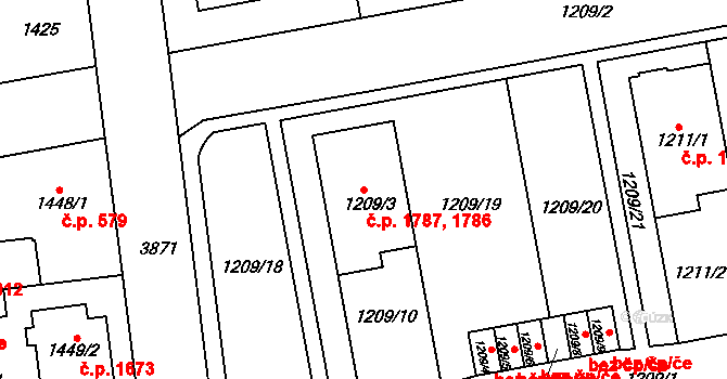 Horní Počernice 1786,1787, Praha na parcele st. 1209/3 v KÚ Horní Počernice, Katastrální mapa