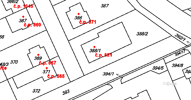 Chodov 621, Praha na parcele st. 388/1 v KÚ Chodov, Katastrální mapa