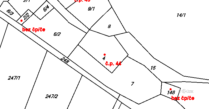 Volfířov 44 na parcele st. 4 v KÚ Volfířov, Katastrální mapa