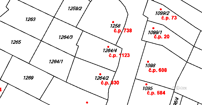 Mutěnice 1123 na parcele st. 1264/4 v KÚ Mutěnice, Katastrální mapa