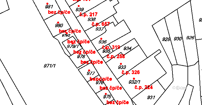 Blučina 258 na parcele st. 935 v KÚ Blučina, Katastrální mapa