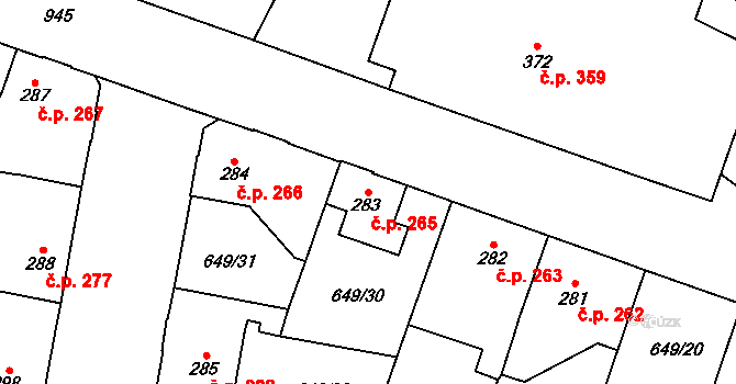 Velký Osek 265 na parcele st. 283 v KÚ Velký Osek, Katastrální mapa