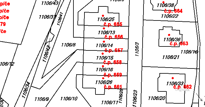 Příbram II 658, Příbram na parcele st. 1106/15 v KÚ Příbram, Katastrální mapa