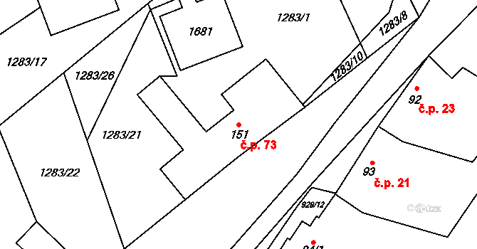 Veselíčko 73, Žďár nad Sázavou na parcele st. 151 v KÚ Veselíčko u Žďáru nad Sázavou, Katastrální mapa