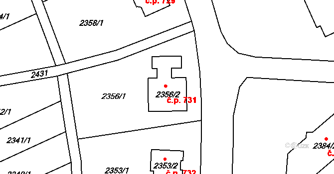Volyně 731 na parcele st. 2356/2 v KÚ Volyně, Katastrální mapa