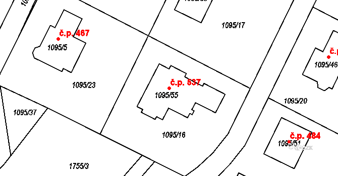 Hřebeč 537 na parcele st. 1095/55 v KÚ Hřebeč, Katastrální mapa