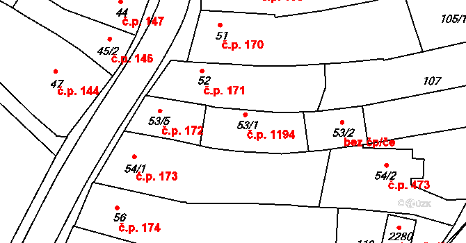 Trhové Sviny 1194 na parcele st. 53/1 v KÚ Trhové Sviny, Katastrální mapa