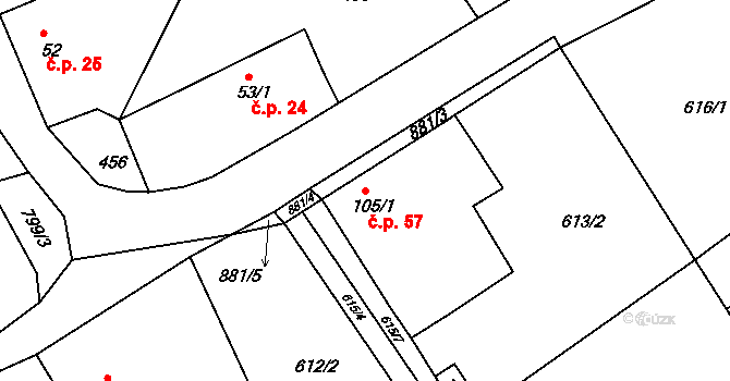 Mokrá Lhota 57, Bystřice na parcele st. 105/1 v KÚ Líšno, Katastrální mapa