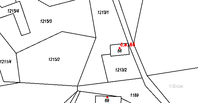 Podkopná Lhota 65 na parcele st. 86 v KÚ Podkopná Lhota, Katastrální mapa
