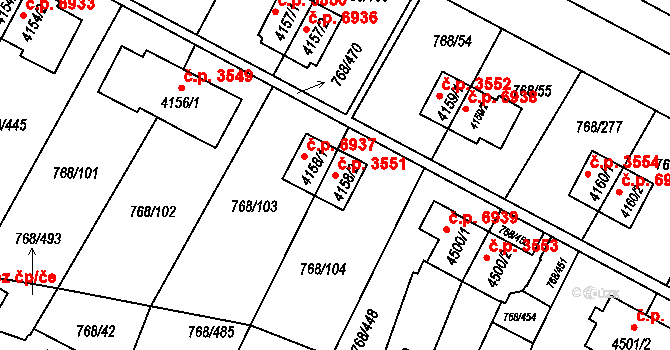 Zlín 3551 na parcele st. 4158/2 v KÚ Zlín, Katastrální mapa