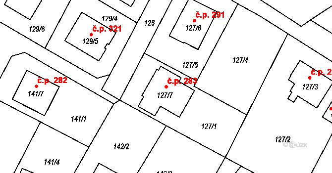 Chuchelná 283 na parcele st. 127/7 v KÚ Chuchelná, Katastrální mapa