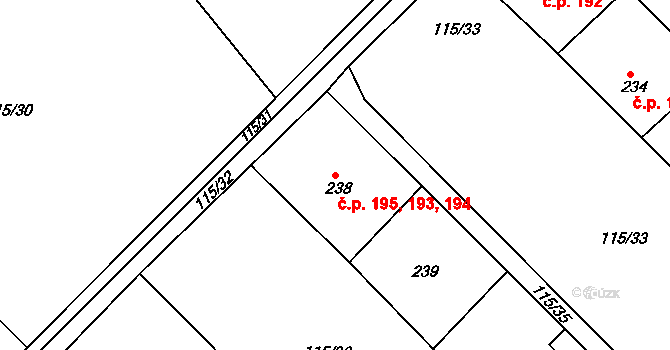 Obrnice 193,194,195 na parcele st. 238 v KÚ Obrnice, Katastrální mapa