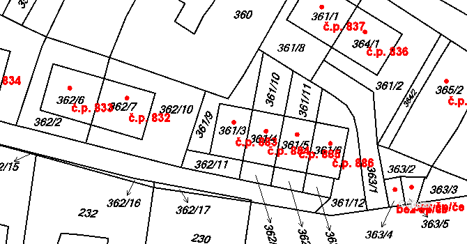 Protivín 883 na parcele st. 361/3 v KÚ Protivín, Katastrální mapa