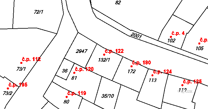 Mouchnice 122 na parcele st. 132/1 v KÚ Mouchnice, Katastrální mapa