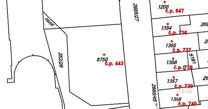 Zelené Předměstí 443, Pardubice na parcele st. 6750 v KÚ Pardubice, Katastrální mapa