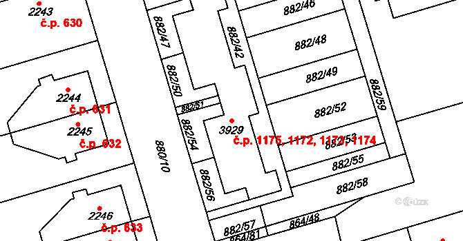 Bílé Předměstí 1172,1173,1174,1175, Pardubice na parcele st. 3929 v KÚ Pardubice, Katastrální mapa