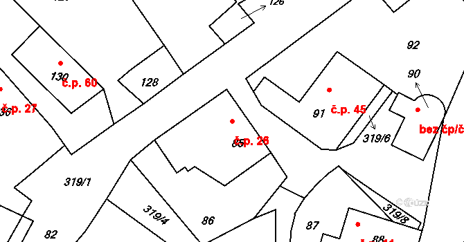 Jestřabí 26, Fulnek na parcele st. 85 v KÚ Jestřabí u Fulneku, Katastrální mapa