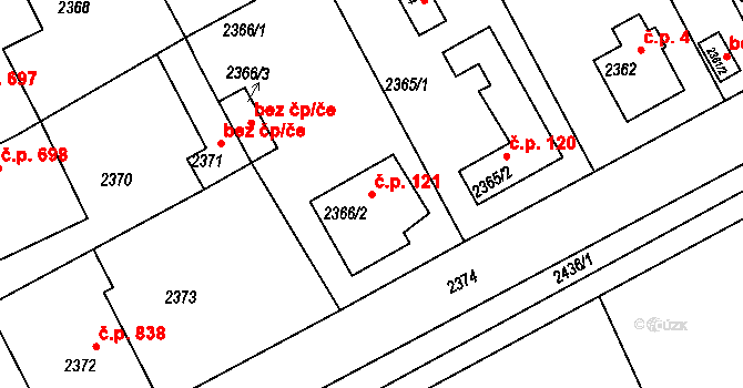 Kopřivnice 121 na parcele st. 2366/2 v KÚ Kopřivnice, Katastrální mapa