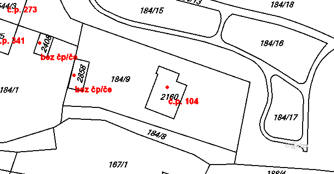 Plešivec 104, Český Krumlov na parcele st. 2160 v KÚ Český Krumlov, Katastrální mapa