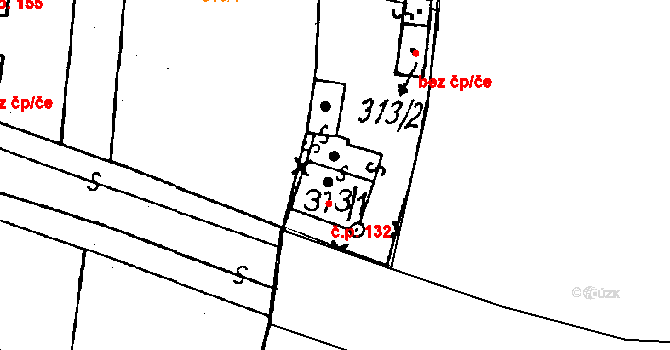 Dolní Sekyřany 132, Heřmanova Huť na parcele st. 313/1 v KÚ Dolní Sekyřany, Katastrální mapa
