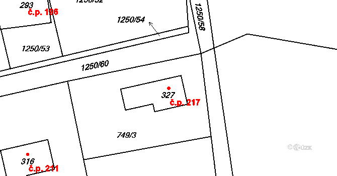 Čestice 217 na parcele st. 327 v KÚ Čestice, Katastrální mapa