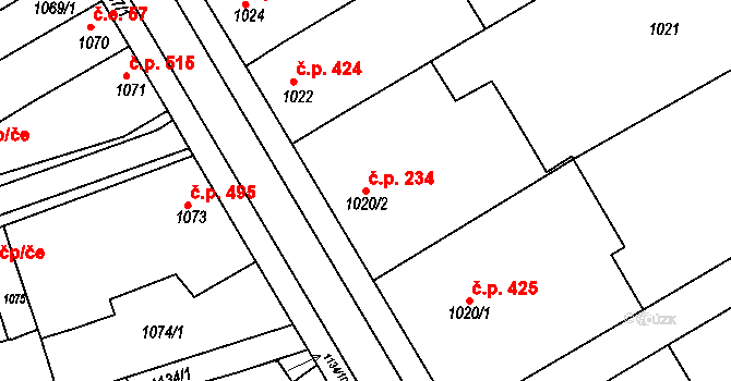Hrušky 234 na parcele st. 1020/2 v KÚ Hrušky, Katastrální mapa