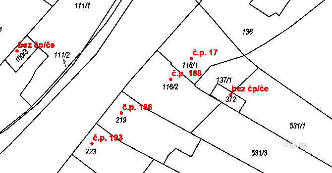 Vlkoš 188 na parcele st. 116/2 v KÚ Vlkoš u Přerova, Katastrální mapa