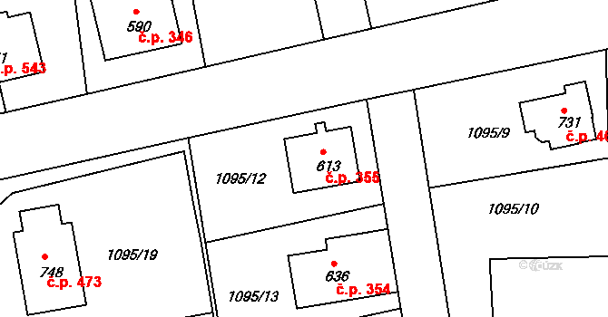 Kounice 355 na parcele st. 613 v KÚ Kounice, Katastrální mapa